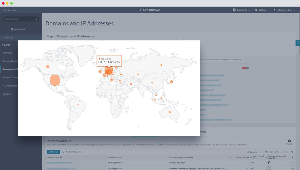 SiteImprove has an IP and domain map to help with data privacy