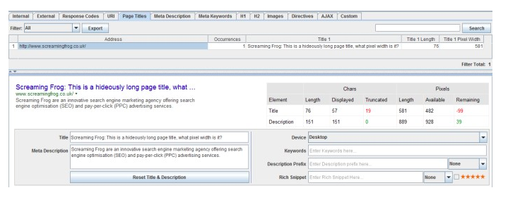 Screaming Frog review: page title tab