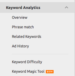 Keyword Analytics dropdown in SEMRush reports
