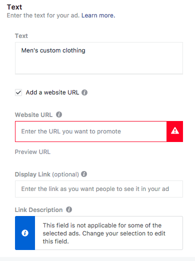 Depending on your ad goal, you can enter a URL to send visitors to 