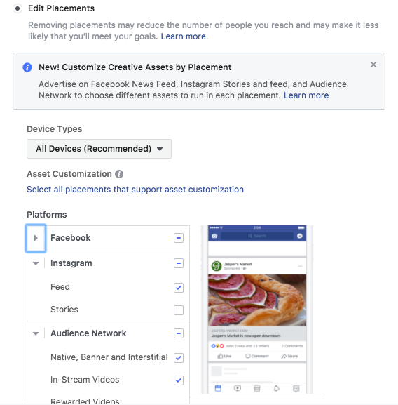 Instagram ad costs - select your ad placement