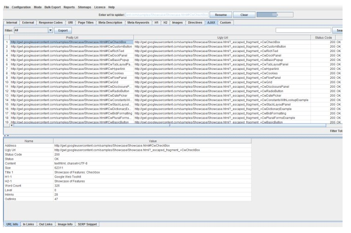 Screaming Frog Review: AJAX tab