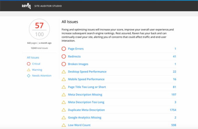 Raven Tools Review: site audit. Image courtesy of Raven Tools