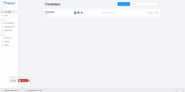 Proof's dashboard will show reent activity 
