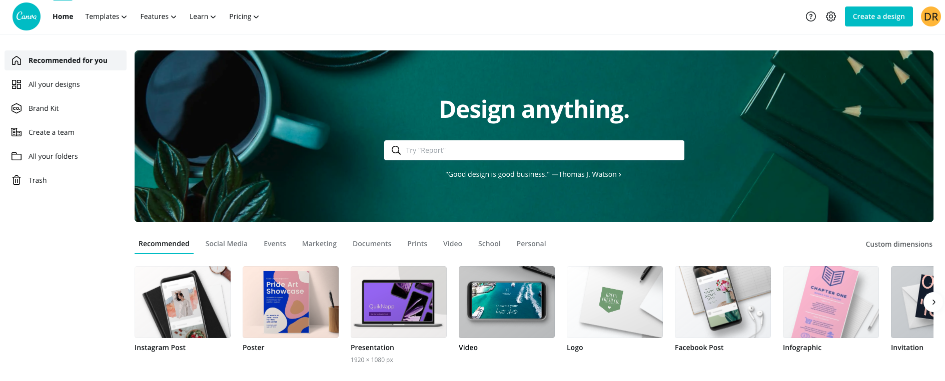 Screenshot of Canva home page
